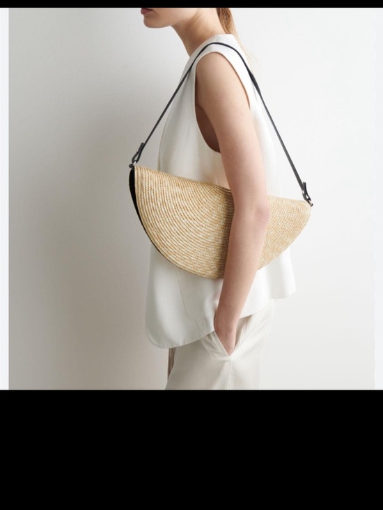 COS Handbags - COS Natural Straw Half-Moon Shoulder Bag with Black Strap